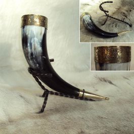 Large Ceremonial Drinking Horn With Iron Stand