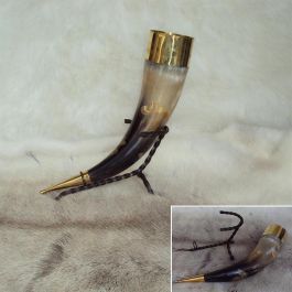Leaf Pattern Drinking Horn With Brass & Stand